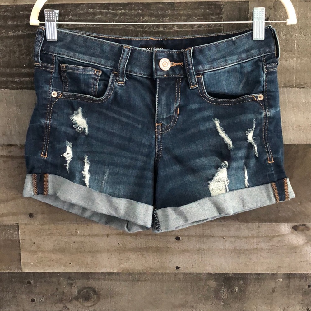 Express Low Rise Midi Distressed Jean Shorts